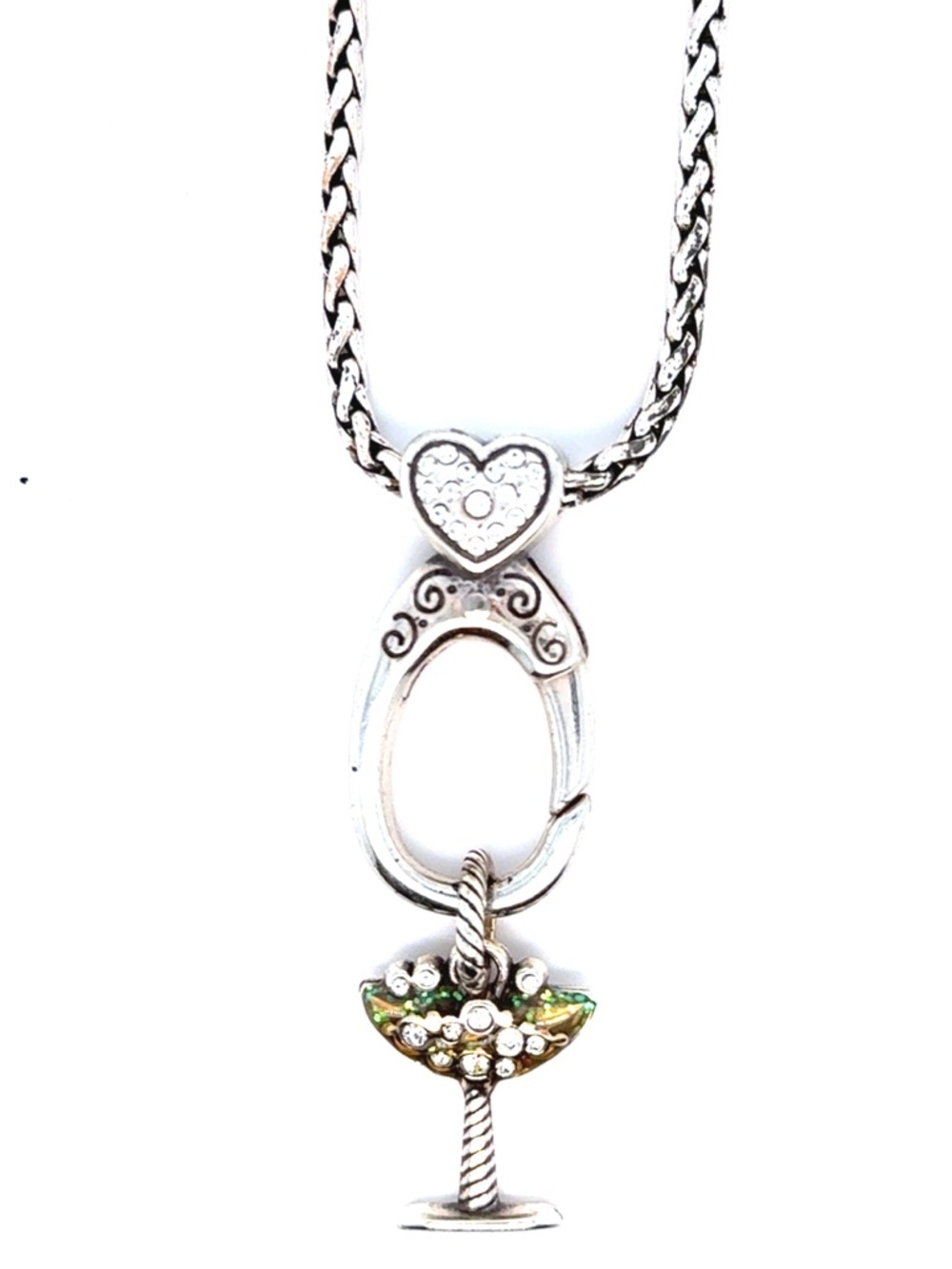 Brighton Silver-Tone Necklace with Green and White Crystal Cocktail Charm